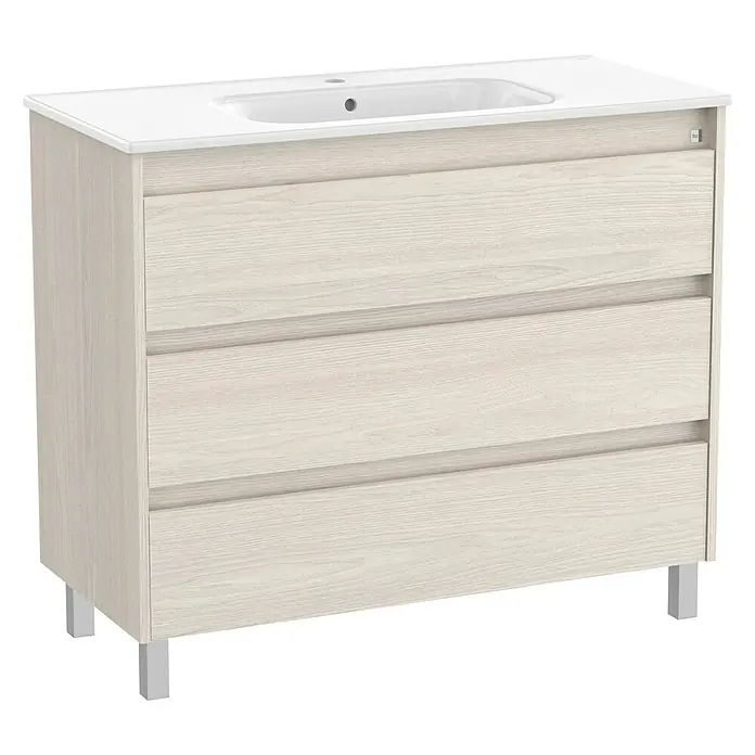 Roca Conjunto de mueble de baño Sagano - Ancho: 100 cm, Nordic ash, 2 pzs. - Mueble de lavabo de madera con tres cajones y patas blancas, perfecto para baños modernos.