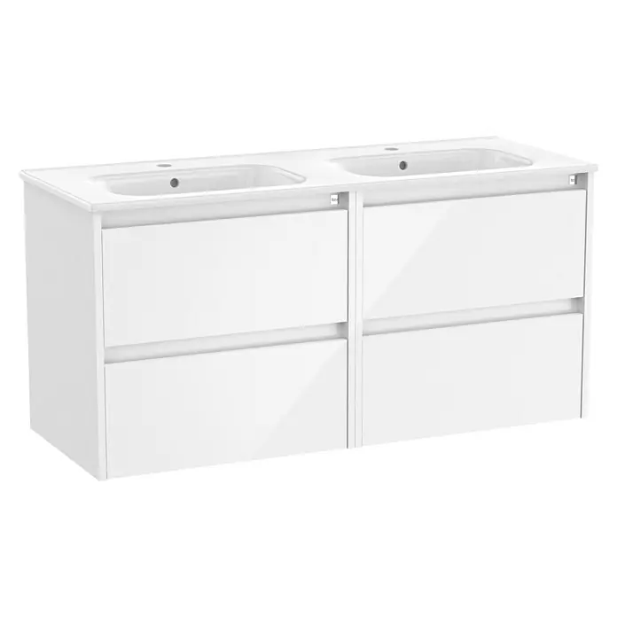 Roca Conjunto de mueble de baño Sagano doble - Blanco, Brillante - Un mueble de baño doble blanco con frentes brillantes y dos cajones ofrece un almacenamiento elegante para el baño.