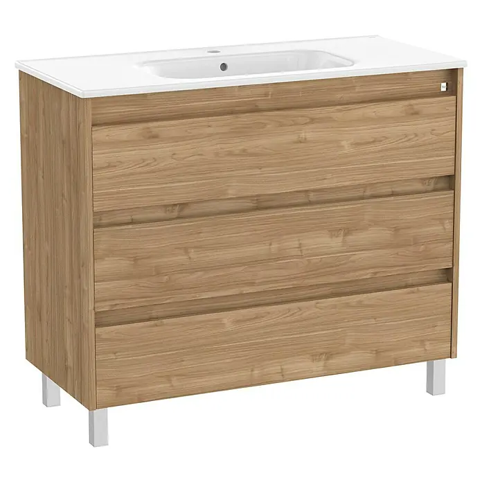 Roca Conjunto de mueble de baño Sagano - Ancho: 100 cm, Nogal, 2 pzs. - Mueble de baño con lavabo blanco y tres cajones con aspecto de madera.