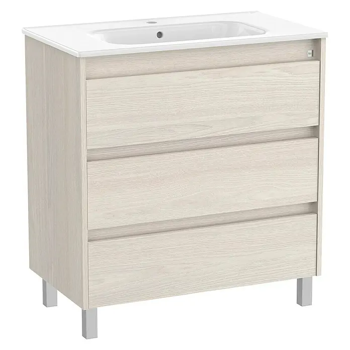 Roca Conjunto de mueble de baño Sagano - Ancho: 80 cm, Nordic ash, 2 pzs. - Elegante mueble bajo lavabo en decoración de madera clara con tres cajones y un lavabo blanco.