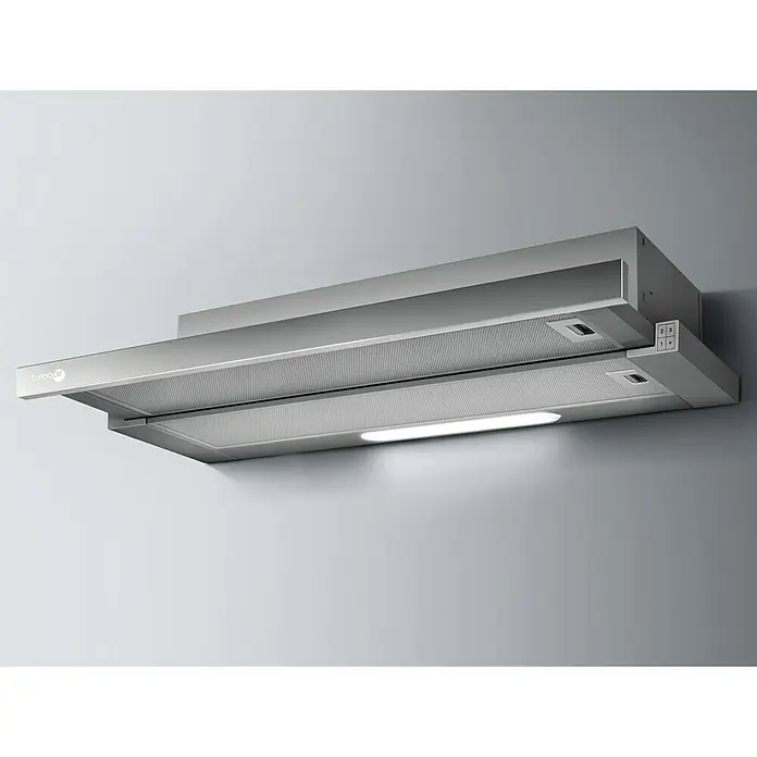 Turboair Campana extensible TT14 Aspirante - Ancho: 90 cm, 304 m³/h, Acero inoxidable - Primer plano de una campana extractora Turboair de acero inoxidable montada en la pared, con un diseño elegante y moderno.