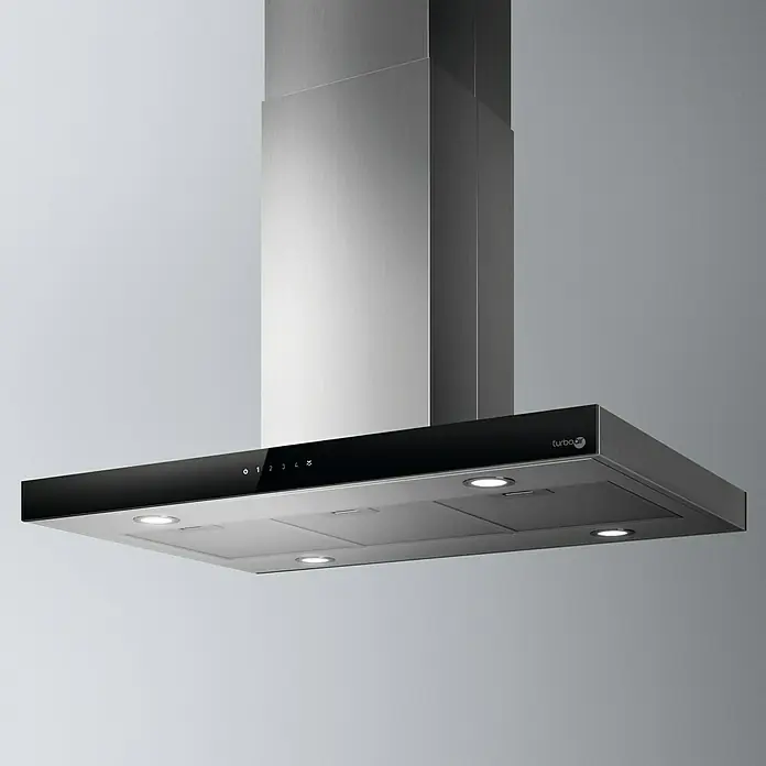Turboair Campana para isla Segno - Ancho: 89,8 cm, Máx. Potencia del ventilador en modo extracción: 713 m³/h, Negro/Acero inoxidable - Elegante campana extractora de acero inoxidable con panel de control negro y luces integradas para una cocina moderna.