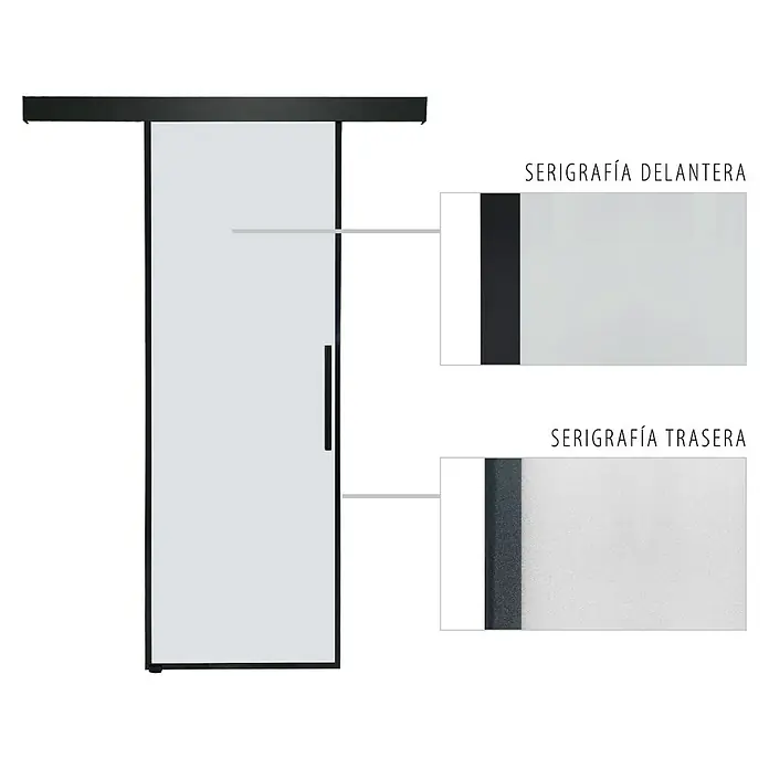 Futurbath Puerta corredera de vidrio Factory - 75 x 215 cm, Vidrio templado - Representación de una puerta corredera con detalles de serigrafía. La imagen muestra las vistas serigrafiadas frontal y trasera de la puerta.