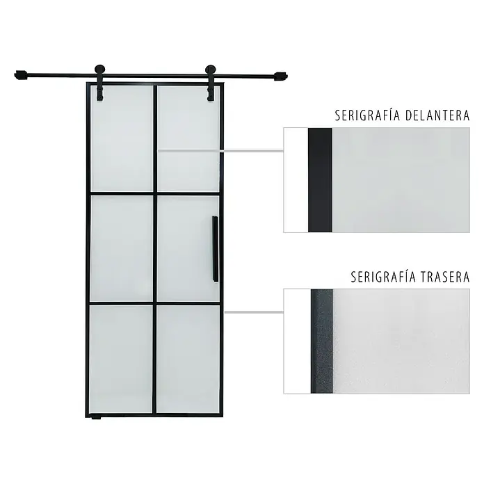 Puerta corredera de vidrio Portals - 85 x 215 cm, Vidrio templado - Puerta corredera con marco negro y relleno de vidrio esmerilado, se muestran detalles de la serigrafía delantera y trasera.