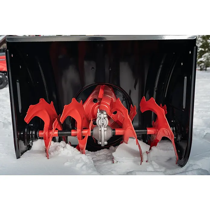 AL-KO Premium Benzin-Schneefräse SnowLine 620 E III - 6,2 kW, 302 cm³, Arbeitsbreite: 62 cm - Detailaufnahme eines Schneefräsen-Aufsatzes mit roten Fräsblättern und schwarzem Gehäuse, ideal für die Schneeräumung im Winter.