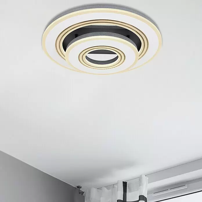 Globo LED-Deckenleuchte JACK - 50 W, L x B x H: 50 x 50 x 115 cm, Rund - Moderne Deckenleuchte mit geschichteten konzentrischen Ringen in Grau, Weiß und Gold.