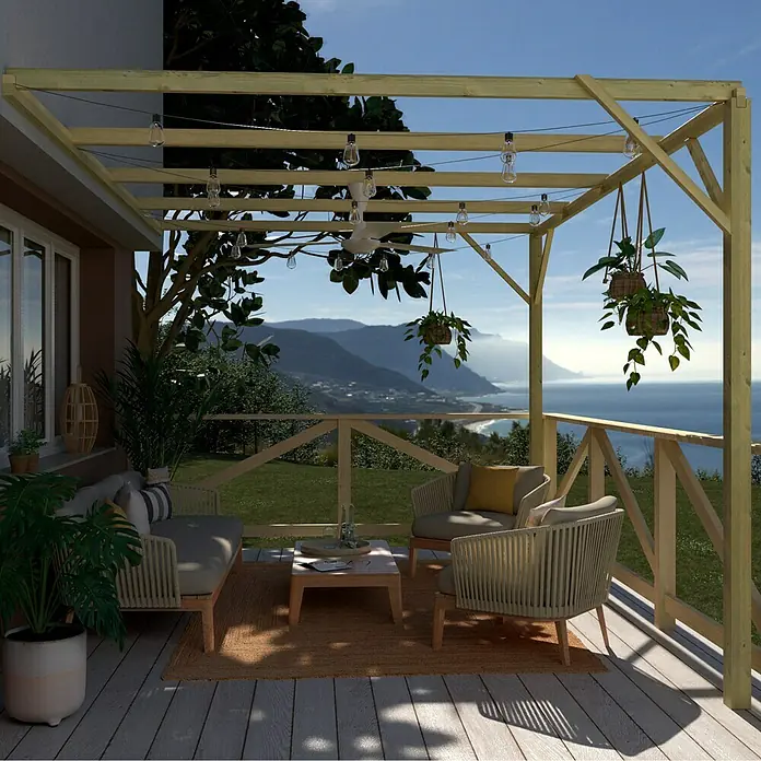 Pérgola adosada Eco - L x An: 400 x 300 cm, Natural - Terraza acogedora con pérgola de madera, cadena de luces, muebles cómodos y vista al mar para momentos de relax al aire libre.