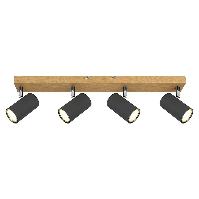 Globo Robby Deckenstrahler - 35 W, L x B x H: 56 x 60 x 120 cm, Nickel-matt, 4 Stk. - Vierflammige Deckenleuchte mit Holzsockel und schwarzen Strahlern für eine moderne und stilvolle Beleuchtung im Raum.