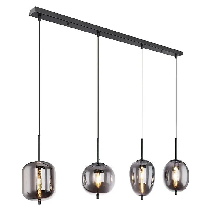 Globo LED-Pendelleuchte BLACKY - Anzahl Leuchtmittel: 4 Stk., 40 W, L x B x H: 100 x 185 x 120 cm, E14 - Schwarze Hängelampe mit vier rauchfarbenen Glasschirmen für stilvolle Beleuchtung.