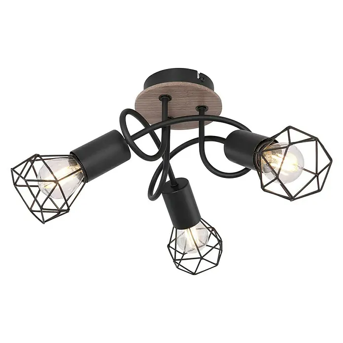 Globo Xara I Deckenstrahler - 40 W, Schwarz, E14, 3 Stk. - Deckenleuchte mit drei Leuchten und Käfigschirmen in geometrischem Design und rustikalem Holzsockel.
