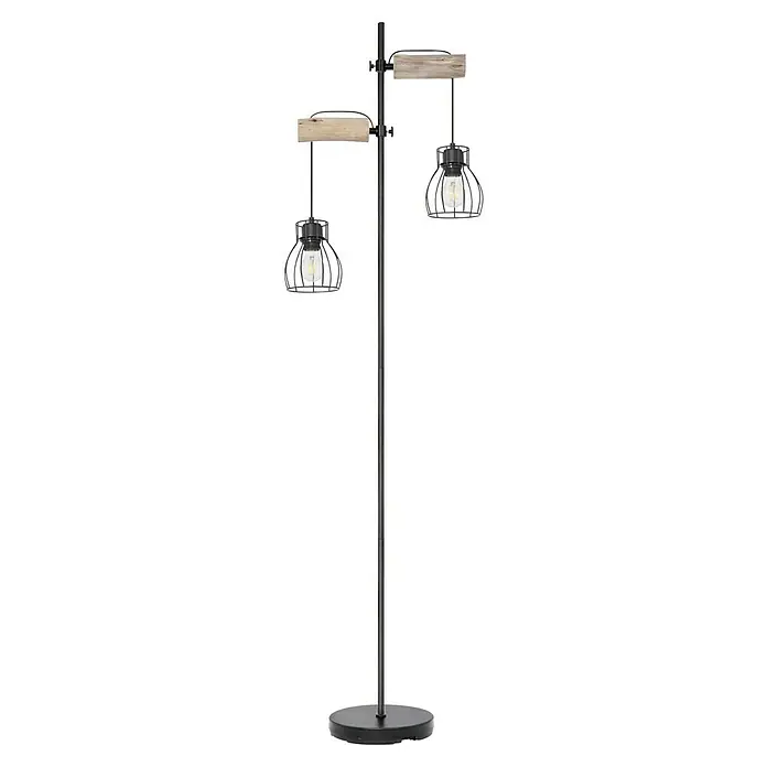 Globo Mina Stehleuchte - 40 W, Höhe: 168 cm, E27 - Stehleuchte mit zwei Lampen, rustikalem Holzdekor und schwarzem Metallgestell, die eine gemütliche Atmosphäre schafft.