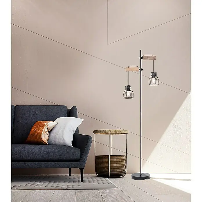 Globo Mina Stehleuchte - 40 W, Höhe: 168 cm, E27 - Elegante Stehlampe mit zwei Lampenschirmen aus Drahtgeflecht und Holzelementen. Ein stilvolles Highlight für jedes Wohnzimmer.