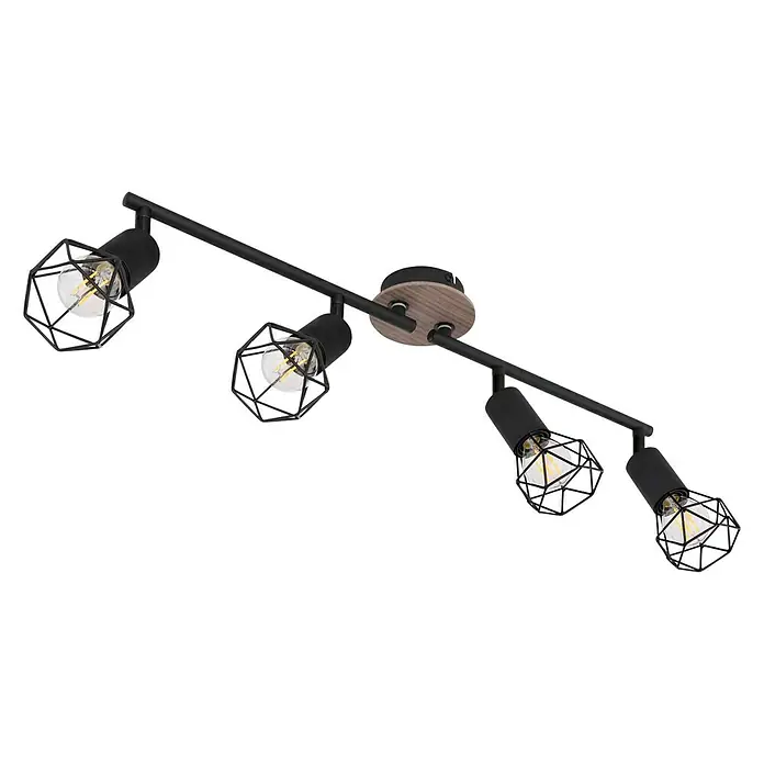Globo Xara I Deckenstrahler - 40 W, L x B x H: 60 x 10 x 21,5 cm, Schwarz, E14, 4 Stk. - Deckenleuchte mit vier Strahlern in Käfigoptik und Holzelement, ideal für stilvolle Beleuchtung.