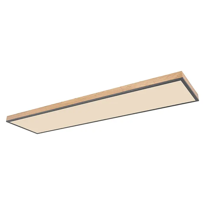Globo Doro LED-Panel Holzoptik - 36 W, 120 x 30 cm, Holzoptik/Graphit, Mehrfarbig - Rechteckige Deckenleuchte mit Holzrahmen und grauen Akzenten, die ein warmes Licht ausstrahlt. Ideal für moderne Innenräume.