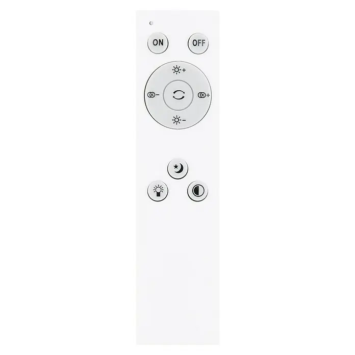 Globo LED-Deckenleuchte SONNY - 24 W, Ø x H: 49 x 9 cm, Weiß, Warmweiß - Nahaufnahme einer weißen Fernbedienung mit mehreren Tasten zur Steuerung einer Lampe. Sie bietet Optionen zum Ein- und Ausschalten sowie zur Helligkeitsanpassung.