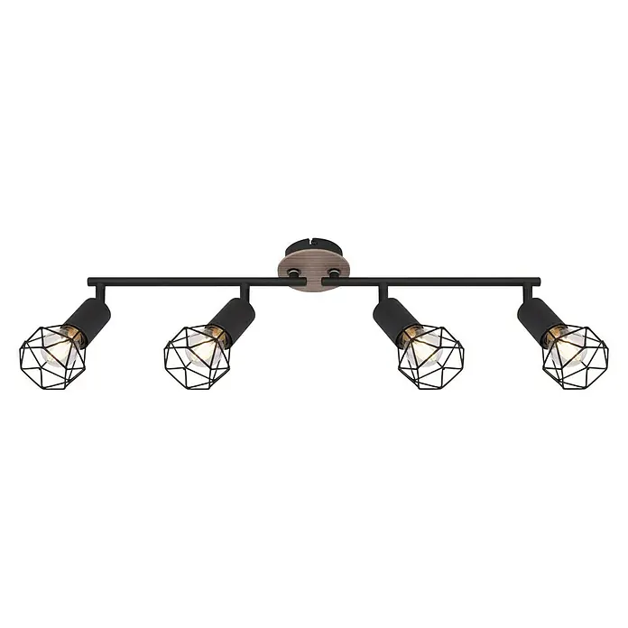 Globo Xara I Deckenstrahler - 40 W, L x B x H: 60 x 10 x 21,5 cm, Schwarz, E14, 4 Stk. - Deckenleuchte mit vier Strahlern im Industrie-Design. Die schwarzen Lampenschirme haben eine geometrische Käfigstruktur.