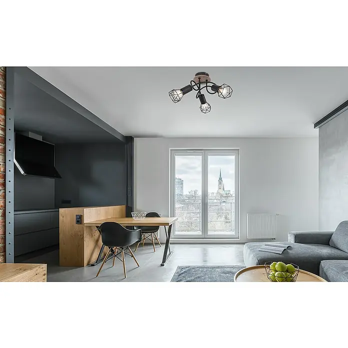 Globo Xara I Deckenstrahler - 40 W, Schwarz, E14, 3 Stk. - Moderne Deckenleuchte mit drei schwarzen Lampenschirmen in einem modernen Wohnraum. Die Leuchte sorgt für stilvolle Beleuchtung.