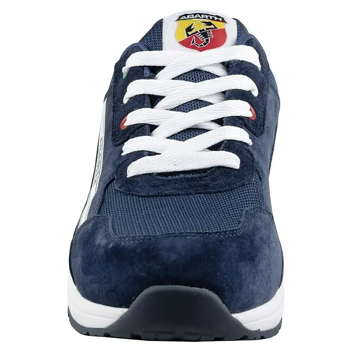 Abarth Zapato bajo de seguridad 595 - 41, Clase de protección según EN ISO 20345: S3, Azul - Primer plano de una zapatilla Abarth azul con cordones blancos y el logotipo de Abarth.