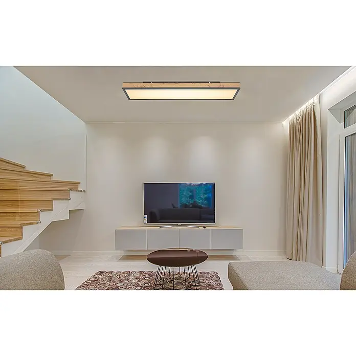 Globo Doro LED-Panel Holzoptik - 36 W, 120 x 30 cm, Holzoptik/Graphit, Mehrfarbig - Modern gestaltete Deckenleuchte mit Holzrahmen und rechteckiger Form, die einen Raum stilvoll beleuchtet.