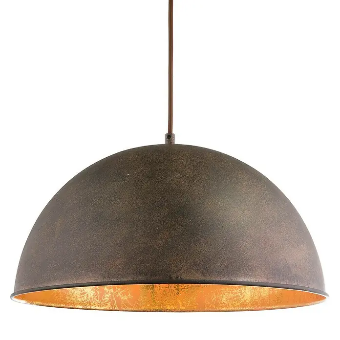 Globo Xirena I Lámpara colgante redonda - Altura: 120 cm - Una sola lámpara colgante con una estructura metálica hemisférica de color óxido y un interior dorado.