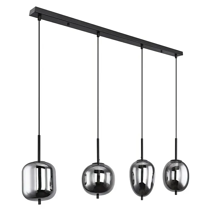 Globo LED-Pendelleuchte BLACKY - Anzahl Leuchtmittel: 4 Stk., 40 W, L x B x H: 100 x 185 x 120 cm, E14 - Eine stilvolle Pendelleuchte mit vier chromfarbenen Lampenschirmen, die an einer schwarzen Aufhängung befestigt sind, für modernes Ambiente.