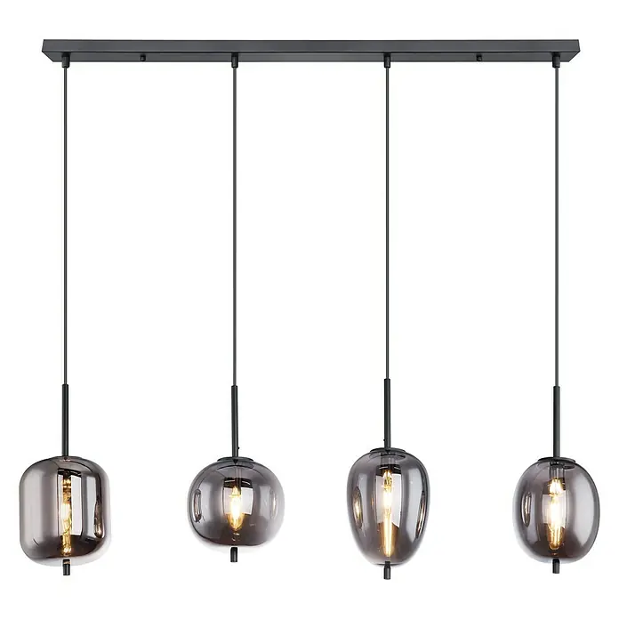 Globo LED-Pendelleuchte BLACKY - Anzahl Leuchtmittel: 4 Stk., 40 W, L x B x H: 100 x 185 x 120 cm, E14 - Eine stilvolle Pendelleuchte mit vier rauchfarbenen Glaskugeln, die von einer schwarzen Stange hängen.