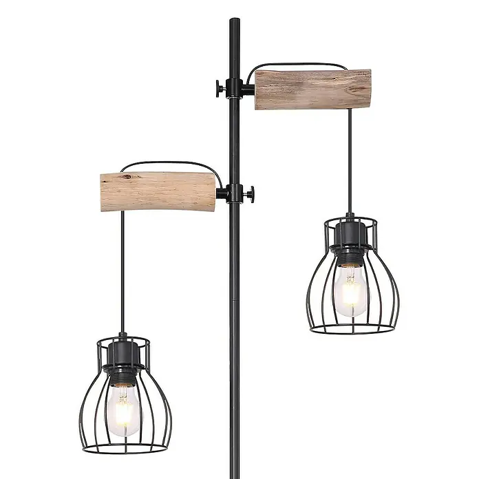 Globo Mina Stehleuchte - 40 W, Höhe: 168 cm, E27 - Moderne Stehleuchte mit zwei Leuchten, rustikalem Holzdesign und schwarzem Metallkäfig.