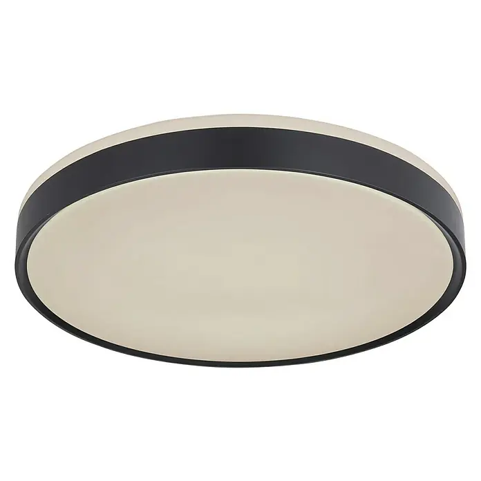 Globo LED-Deckenleuchte SONNY - 24 W, Ø x H: 49 x 9 cm, Weiß, Warmweiß - Runde Deckenleuchte mit einem schwarzen Rahmen und einem cremefarbenen Diffusor, die ein sanftes, diffuses Licht erzeugt.\n