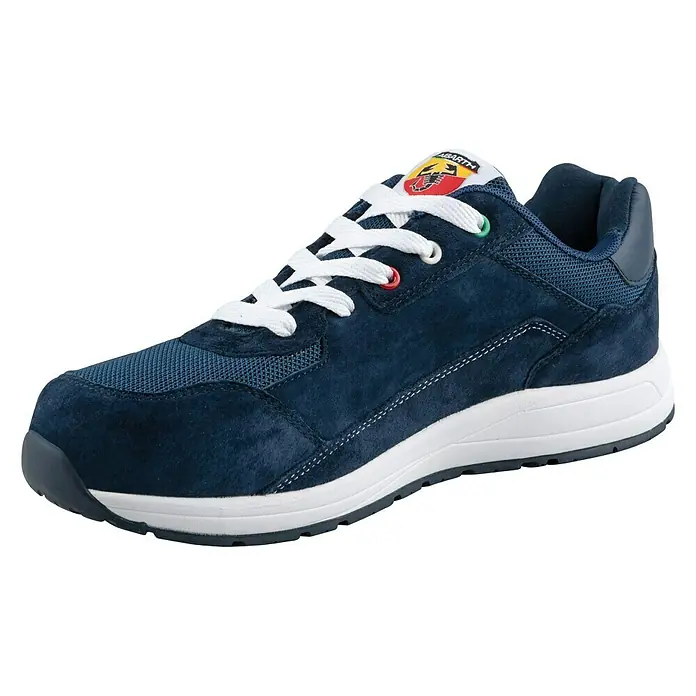 Abarth Zapato bajo de seguridad 595 - 41, Clase de protección según EN ISO 20345: S3, Azul - Una elegante zapatilla deportiva Abarth azul oscuro con suela blanca y detalles de colores en los cordones para un look deportivo.