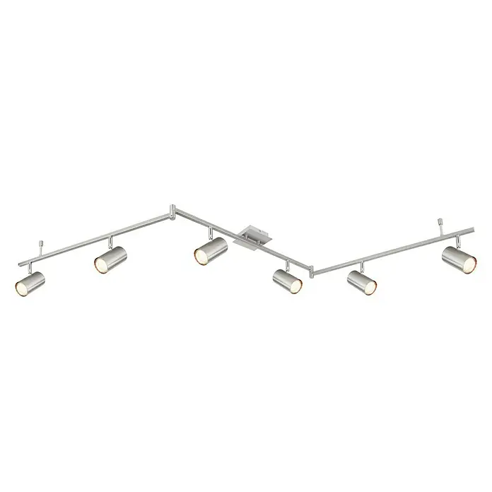 Globo Robby Deckenstrahler - 35 W, L x B x H: 180 x 10 x 185 cm, Nickel-matt, GU10 - Silberne Deckenleuchte mit sechs Strahlern auf einem schwarzen Hintergrund.