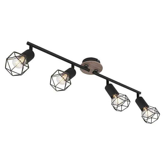 Globo Xara I Deckenstrahler - 40 W, L x B x H: 60 x 10 x 21,5 cm, Schwarz, E14, 4 Stk. - Deckenleuchte mit vier Strahlern und Käfigschirmen aus Metall, die ein dekoratives Lichtmuster erzeugen. Ideal für Wohn- und Essbereiche.