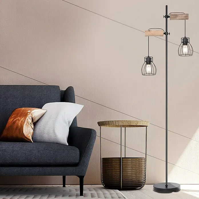Globo Mina Stehleuchte - 40 W, Höhe: 168 cm, E27 - Eine moderne Stehlampe mit zwei Lampenschirmen und Holzdetails, die eine warme und stilvolle Beleuchtung bietet.