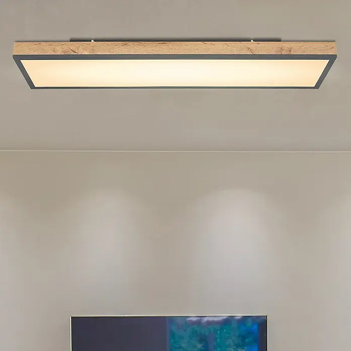 Globo Doro LED-Panel Holzoptik - 36 W, 120 x 30 cm, Holzoptik/Graphit, Mehrfarbig - Moderne LED-Deckenleuchte mit Holzrahmen und sanftem Licht für eine angenehme Atmosphäre im Raum.