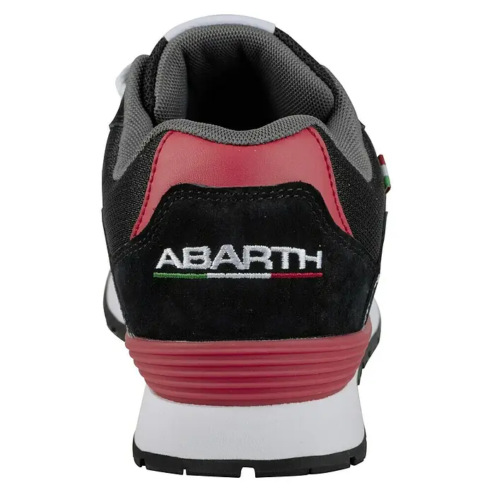 Abarth Zapato bajo de seguridad 500 - 36, Clase de protección según EN ISO 20345: S3, Negro - Vista trasera de una zapatilla Abarth negra con detalles rojos y blancos. El logo de Abarth está bordado.