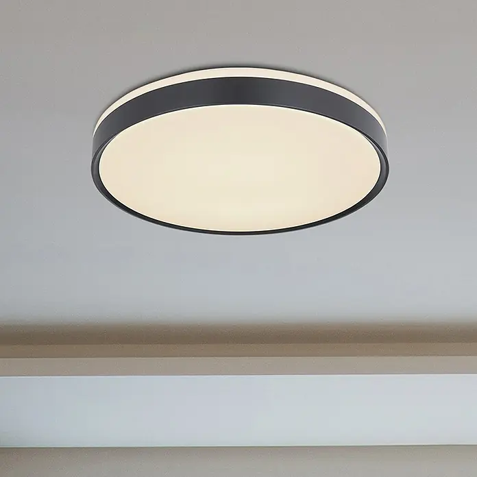 Globo LED-Deckenleuchte SONNY - 24 W, Ø x H: 49 x 9 cm, Weiß, Warmweiß - Eine moderne, runde Deckenleuchte mit einem schwarzen Rahmen und einer weißen Lichtfläche, ideal für eine stilvolle Beleuchtung.