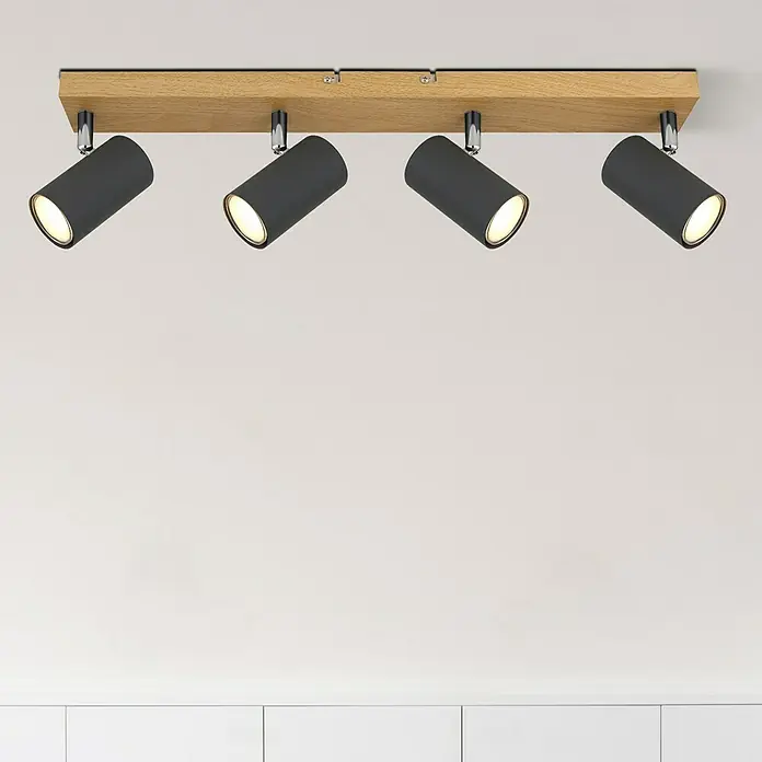 Globo Robby Deckenstrahler - 35 W, L x B x H: 56 x 60 x 120 cm, Nickel-matt, 4 Stk. - Moderne Deckenleuchte mit vier schwarzen Strahlern und einem hellen Holzsockel. Die Strahler sind präzise ausgerichtet und sorgen für eine effektive Beleuchtung.