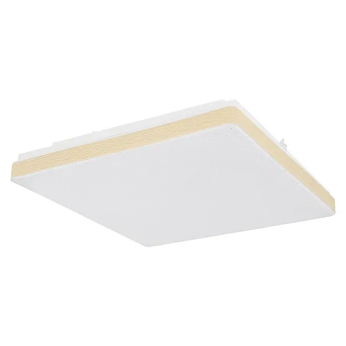 Globo LED-Deckenleuchte RAINA - 12 W, L x B x H: 33 x 33 x 6 cm, Weiß, Warmweiß - Elegante, quadratische LED-Deckenleuchte mit weißer Oberfläche und Holzstrukturrahmen für stilvolle Beleuchtung.