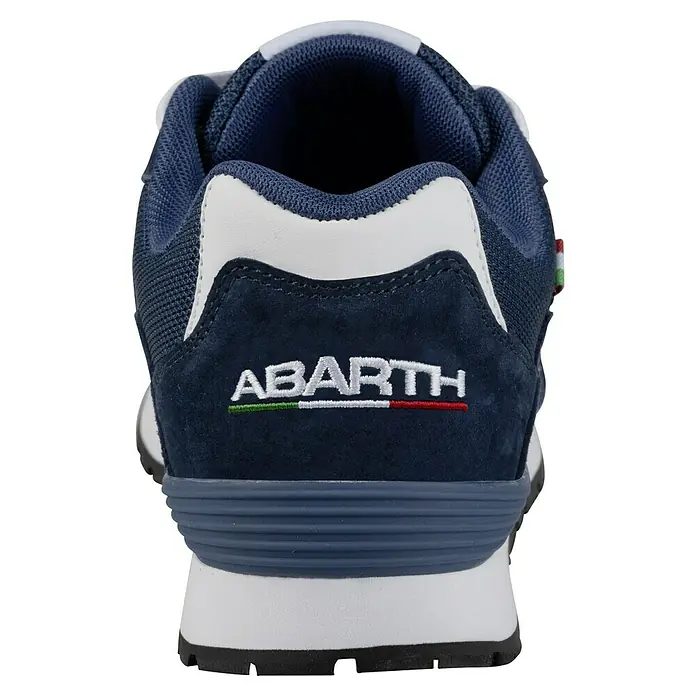 Abarth Zapato bajo de seguridad 500 - 38, Clase de protección según EN ISO 20345: S3, Azul - Vista trasera de unas zapatillas Abarth azul marino con detalles blancos y el logotipo de Abarth, que ofrece un toque deportivo.