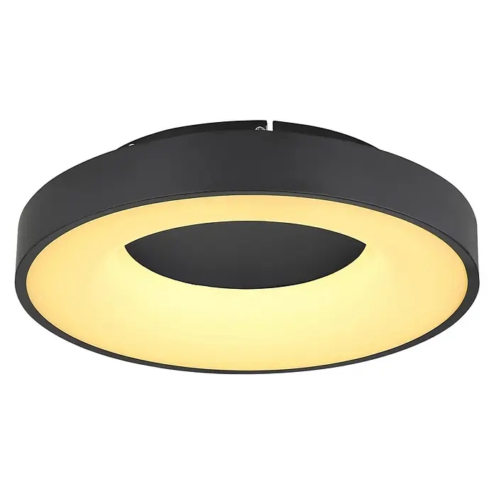 Globo Plafón LED redondo Jolly - 30 W, Negro, Blanco frío - Una moderna lámpara de techo LED negra en forma de donut con luz blanca cálida, ideal para interiores elegantes.