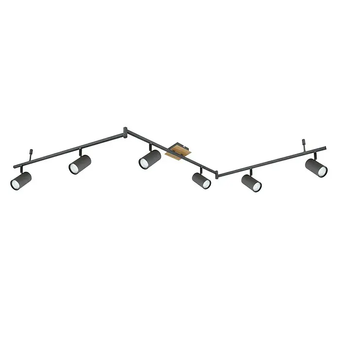 Globo Robby Deckenstrahler - 35 W, L x B x H: 180 x 10 x 18,5 cm, Graphit-matt, GU10 - Moderne schwarze LED-Deckenleuchte mit sechs Strahlern und Holzdetail, die jedem Raum einen stilvollen Akzent verleiht.