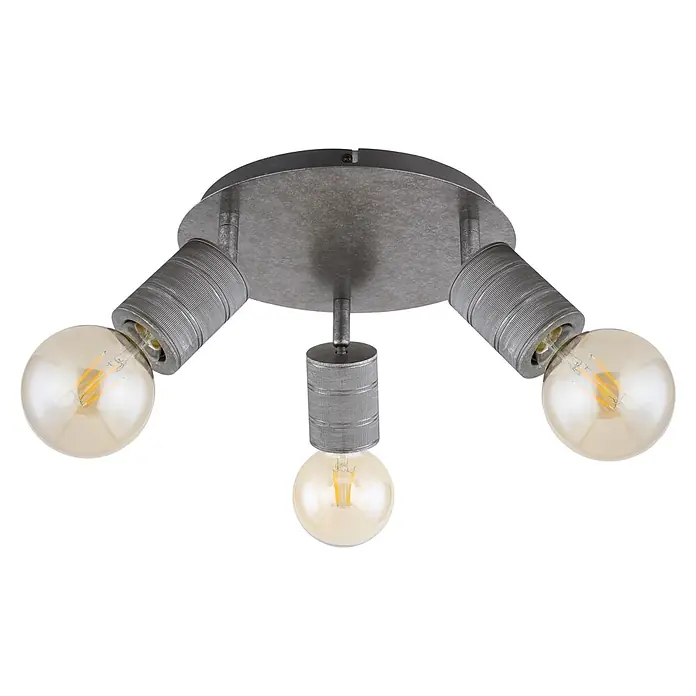 Globo Freddy Deckenstrahler - 60 W, E27, 3 Stk. - Eine moderne, dreiflammige Deckenleuchte im Industrie-Stil mit stilvollen Glühbirnen, die ein warmes Licht verbreiten.
