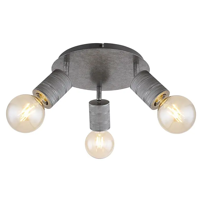 Globo Freddy Deckenstrahler60 W, E27, 3 Stk. - Eine dreiflammige Deckenleuchte im Industrie-Stil mit grauer Oberfläche und runden Glühbirnen. Ideal für moderne Wohnräume.