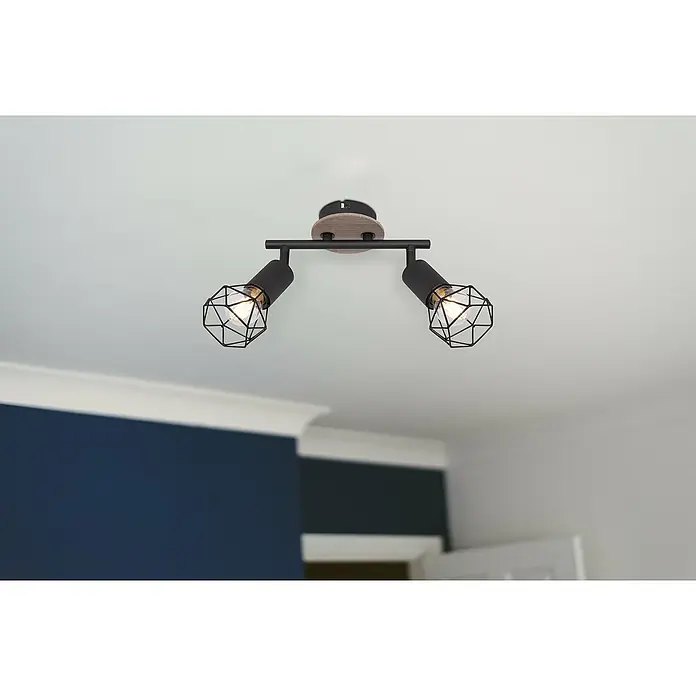 Globo Xara I Deckenstrahler - 40 W, L x B x H: 22 x 10 x 18 cm, Schwarz, E14, 2 Stk. - Moderne Deckenleuchte mit zwei schwarzen Lampenschirmen und Holzdetails für eine stilvolle Beleuchtung im Raum.