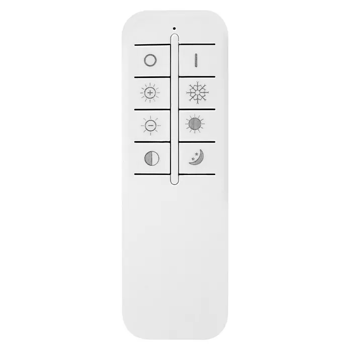 Globo LED-Deckenleuchte rund JOLLI - 30 W, Holz, Warmweiß - Nahaufnahme einer länglichen weißen Fernbedienung mit mehreren Symbolen und einer vertikalen Leiste zur Steuerung von Lichteinstellungen.