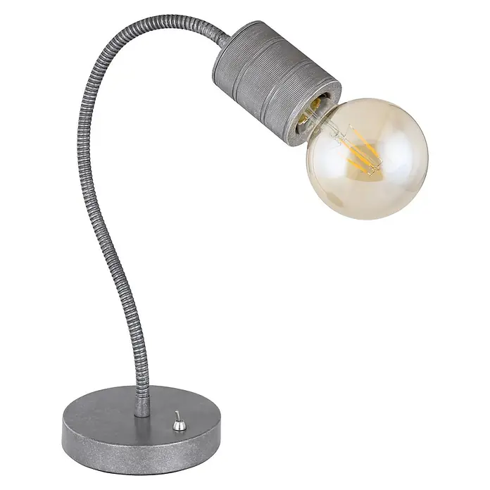 Globo Freddy Tischleuchte rund - 60 W, Silber, E27 - Nahaufnahme einer grauen Schreibtischlampe mit flexiblem Hals und Glühbirne vor schwarzem Hintergrund.