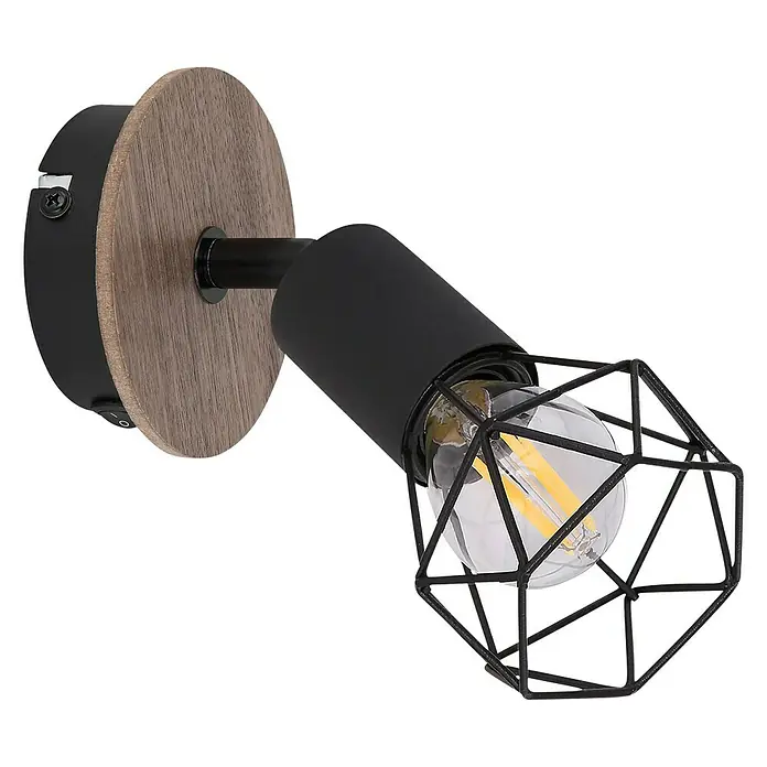 Globo Xara I Deckenstrahler - 40 W, Schwarz, E14, 1 Stk. - Eine moderne Wandleuchte mit einem schwarzen Metallkäfig um eine Glühbirne und einem Holzsockel für eine stilvolle Beleuchtung.