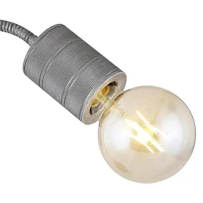 Globo Freddy Tischleuchte rund60 W, Silber, E27 - Nahaufnahme einer dekorativen Glühbirne mit einem stilvollen, geriffelten Lampensockel in Silber.