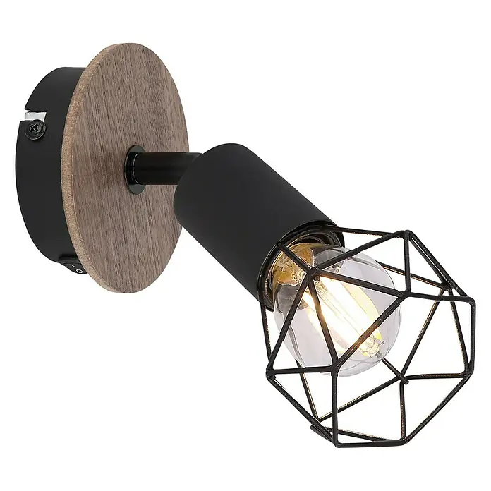 Globo Xara I Deckenstrahler - 40 W, Schwarz, E14, 1 Stk. - Stilvolle Wandleuchte mit Holzdetails und einem geometrischen Lampenschirm, ideal für moderne Innenräume.