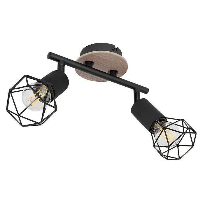 Globo Xara I Deckenstrahler - 40 W, L x B x H: 22 x 10 x 18 cm, Schwarz, E14, 2 Stk. - Moderne Deckenleuchte mit zwei schwarzen Lampenschirmen und einem dekorativen Holzsockel. Perfekt für stilvolle Beleuchtung.