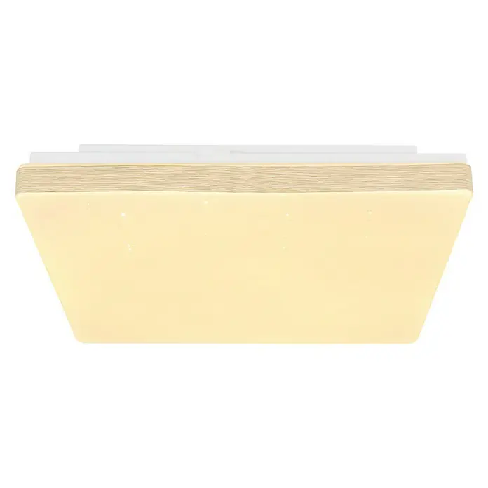 Globo LED-Deckenleuchte RAINA - 12 W, L x B x H: 33 x 33 x 6 cm, Weiß, Warmweiß - Moderne Deckenleuchte mit einem warmen, hellen Farbton und einer Holzstruktur, ideal für stilvolle Innenräume.